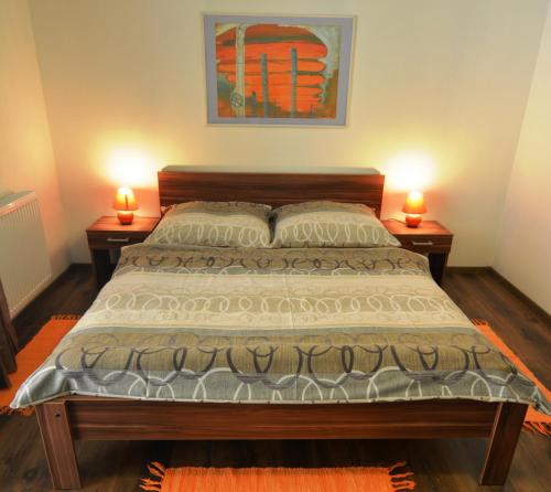 a bedroom with a bed with two lamps on two tables at Villa Gold in Nová Lesná