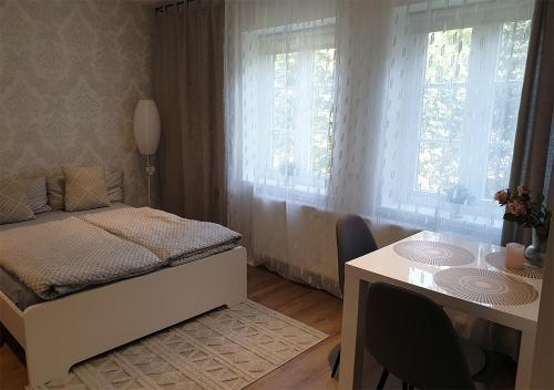 - une chambre avec un lit, un bureau et une table dans l'établissement Gemütliche Einzimmerwohnung, à Flensbourg