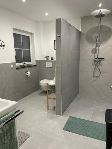 a bathroom with a shower and a toilet and a sink at Hochwaldblick in Glan-Münchweiler