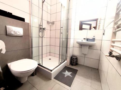 a bathroom with a shower and a toilet and a sink at Apartament Dominikana 13 in Sianozety