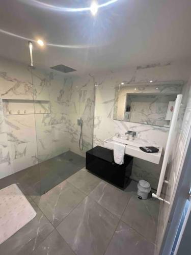 une salle de bain avec un lavabo et un miroir dans l'établissement Grand Appartement avec vue Magnifique - Vercors - Une Expérience Unique - Wifi Gratuit, à Grenoble