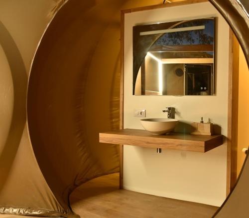 a bathroom with a sink and a mirror at SUITE 19 BUBBLE BY CORTIJO COLOMO in Almedinilla