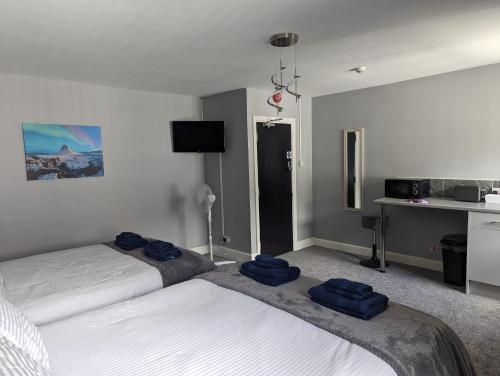 1 dormitorio con 2 camas con almohadas azules en Kings Head en Chepstow