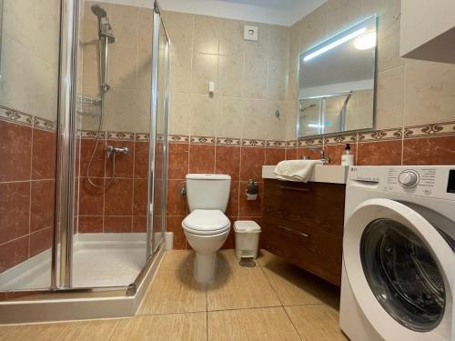 bagno con servizi igienici, doccia e lavatrice di Apartamento con Piscina en Golf del Sur a San Miguel de Abona