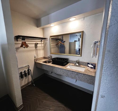 La salle de bains est pourvue d'un lavabo et d'un miroir. dans l'établissement Fort Worth TX Downtown East, à Fort Worth