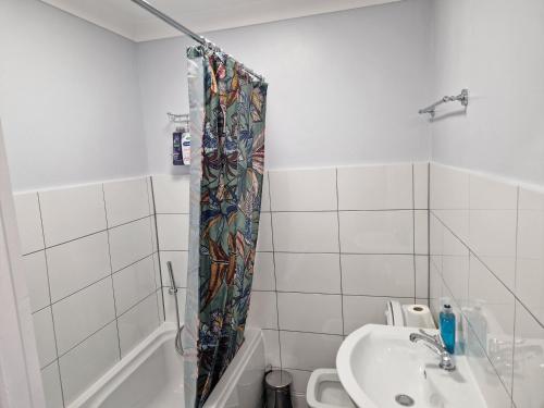 a bathroom with a sink and a shower curtain at A lovely one bedroom in Hither Green lane in London