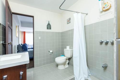 a bathroom with a toilet and a sink and a mirror at Young Bed&Breakfast in San José