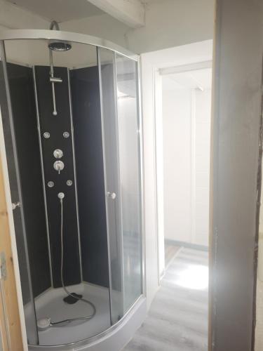 une douche avec une porte vitrée dans une pièce dans l'établissement Maison de ville, à Vivonne