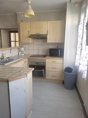 une cuisine avec des armoires en bois et un évier dans l'établissement Maison de ville, à Vivonne