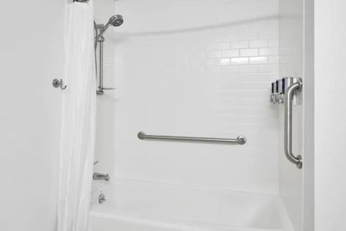 baño con ducha y puerta de cristal en Four Points by Sheraton Buffalo Grove, en Buffalo Grove