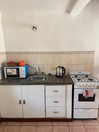 a kitchen with a sink and a stove at Complejo Alberdi depto 8 in Tandil