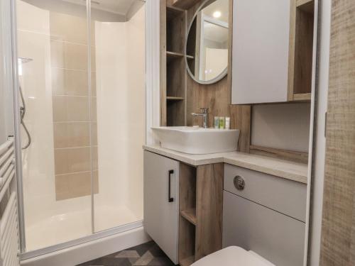 a bathroom with a sink and a shower at Astoria Lodge in Clitheroe