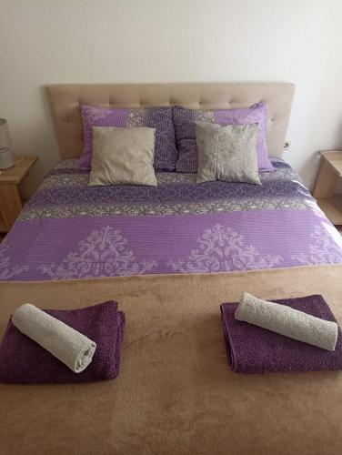 a large purple bed with two pillows on it at Sleep & fly - Single room with shared bathroom in Sarajevo