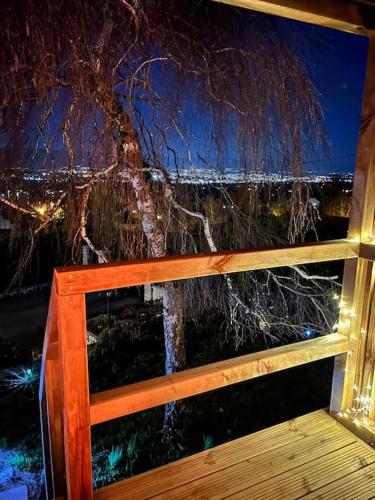 a view of a tree from a window at night at Cabane Jacomeli Genève in Collonges-sous-Salève