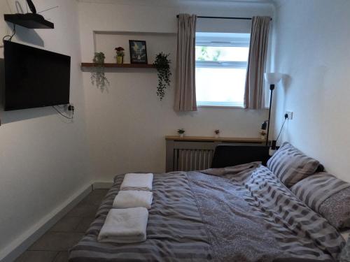 a bedroom with a bed and a flat screen tv at Studio Apartment in Kew in Kew