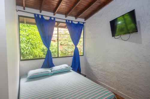 Cama en habitación con ventana y TV en Blue Coast Hostal, en Medellín