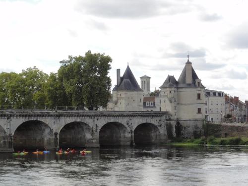 a bridge over a river with kayaks in front of a castle at Résidence Notre Dame in Châtellerault