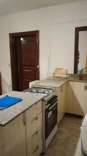 a kitchen with a stove and a counter top at Pyramids Guest1 in Cairo