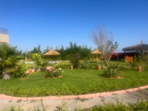 a garden with grass and straw umbrellas at Dar Moghal in Tiflet