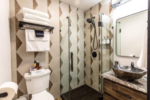 レブンワースにあるBear Den a Cozy 1 Bedroom tiny Cabin near Lake Wenatcheeのバスルーム(洗面台、トイレ、シャワー付)