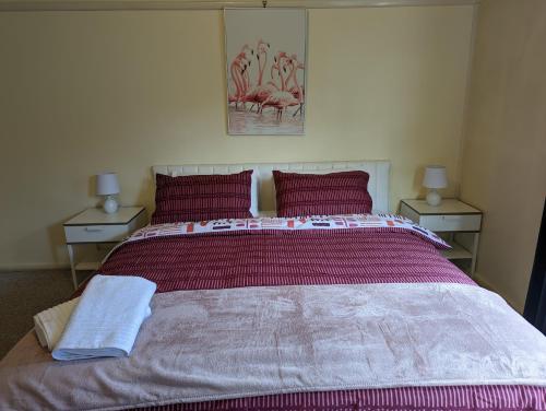 a bedroom with a large bed with red pillows at A Classic Deakin Delight in Yarralumla