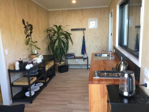 una cocina con encimeras de madera y una planta en Whakaipo Bay Cabin Retreat Taupo, en Taupo