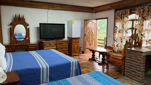 una camera con letto, TV e specchio di Hotel Colonial Taxco a Taxco de Alarcón