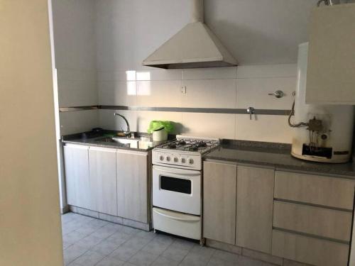 a kitchen with a white stove and a sink at Patio! Parrilla! Cochera! 2 habitaciones in Godoy Cruz