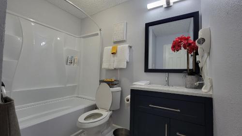 ein Badezimmer mit einem WC, einem Waschbecken und einem Spiegel in der Unterkunft Spacious n Cozy 3 Bedroom // 15 min from Downtown in Houston