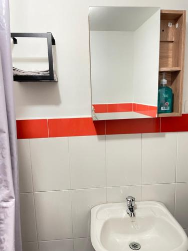 a bathroom with a sink and a mirror at Apartaestudio norte de la ciudad /cerca av de los estudiantes/wifi /netflix/moderno in Pasto