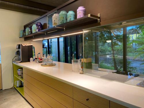 une cuisine avec un comptoir et une fenêtre dans l'établissement Rice Field Homestay, à Wujie