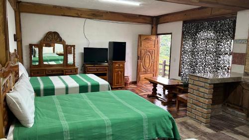 a bedroom with two beds and a mirror and a fireplace at Hotel Colonial Taxco in Taxco de Alarcón