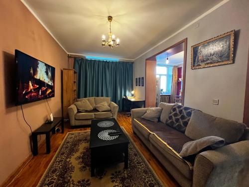 ein Wohnzimmer mit einem Sofa und einem TV in der Unterkunft Location, locaton, location! in Ulaanbaatar