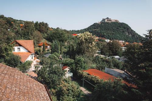 a view of a village with a hill in the background at Vila Missy in Deva