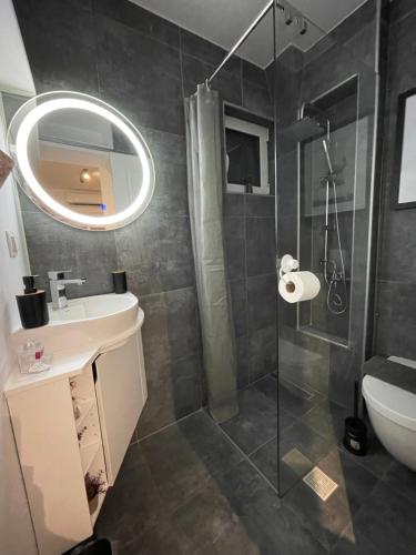 bagno con doccia, lavandino e servizi igienici di Mini Suite Home a Alexandroupoli