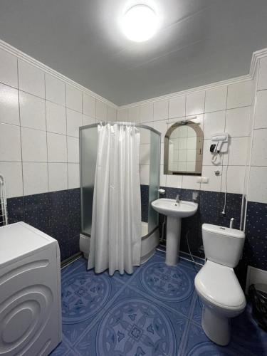 a bathroom with a toilet and a shower and a sink at Готель "Дубно" in Dubno