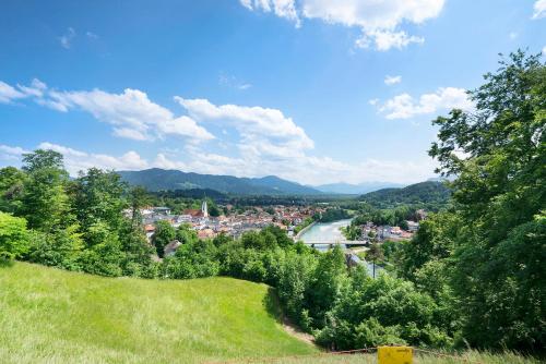 a view of a town from a hill with a river at Ferienwohnung Wendelsteinblick in Bad Tölz