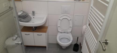 La petite salle de bains est pourvue de toilettes et d'un lavabo. dans l'établissement Apartment Goslar, à Wolfenbüttel