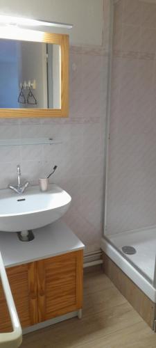 Un baño con lavabo, espejo y bañera. en CHARMANT DUPLEX 3ÈME ÉTAGE AVEC VUE IMPRENABLE, en Le Barcarès