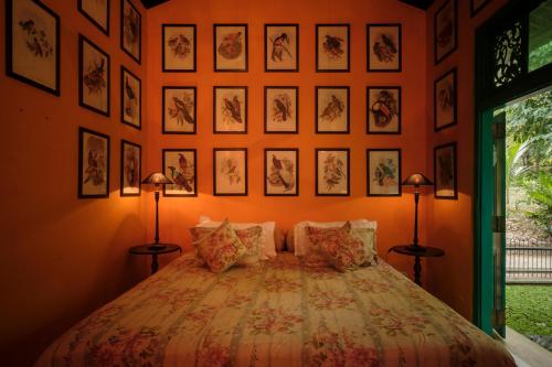 a bedroom with a bed with pictures on the wall at Casa Heliconia in Gampaha