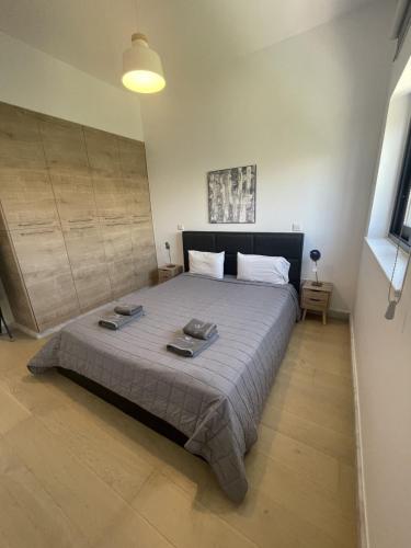 een slaapkamer met een groot bed en 2 handdoeken bij Pafia 2, Apartment 202 in Paphos City