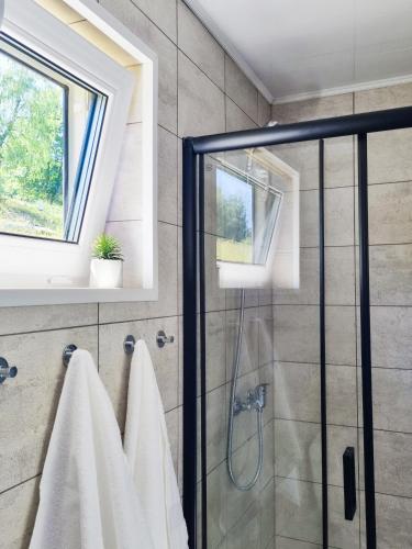a bathroom with a shower with a glass door at VIEW of SMEREK- domki z klimatyzacją in Smerek