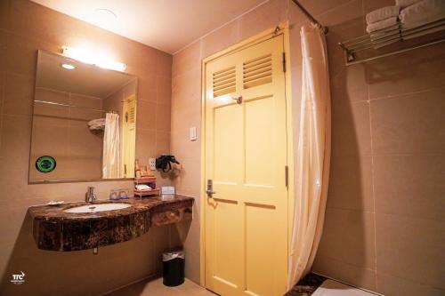 a bathroom with a sink and a large mirror at TTC Hotel - Ngoc Lan in Da Lat