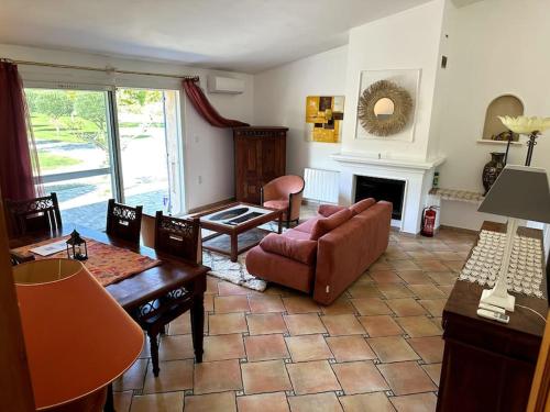 ein Wohnzimmer mit einem Sofa und einem Tisch in der Unterkunft Belle villa provençale dans un parc paysagé avec piscine et sauna in Grans