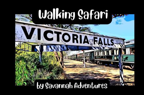 Un cartello che dice che Victoria cade con l'immagine di un treno di Room in Villa - Zambezi Family Lodge - Buffalo Room a Victoria Falls