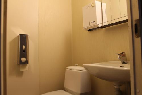 a small bathroom with a toilet and a sink at Budget apartment in Kotka # 1 in Kotka