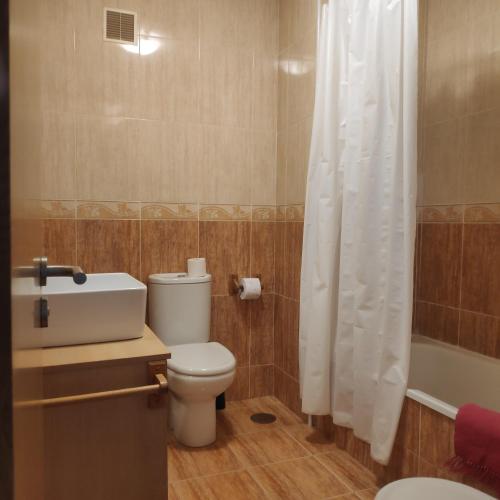 a bathroom with a toilet and a shower curtain at La Mariña in Ribadeo