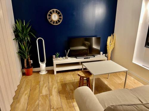 a living room with a tv and a blue wall at Appartement studio in Villeurbanne