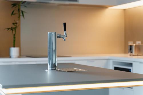 a kitchen counter with a faucet on a counter top at Errick's Boutique Accommodation in Dunedin