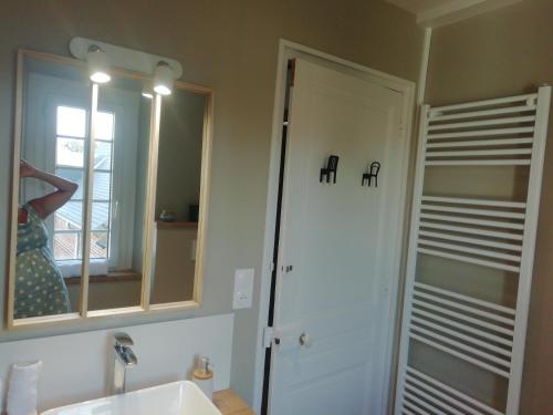 a bathroom with a sink and a mirror and a shower at AU CLAIRE DE LUNE in Le Bourg-Dun